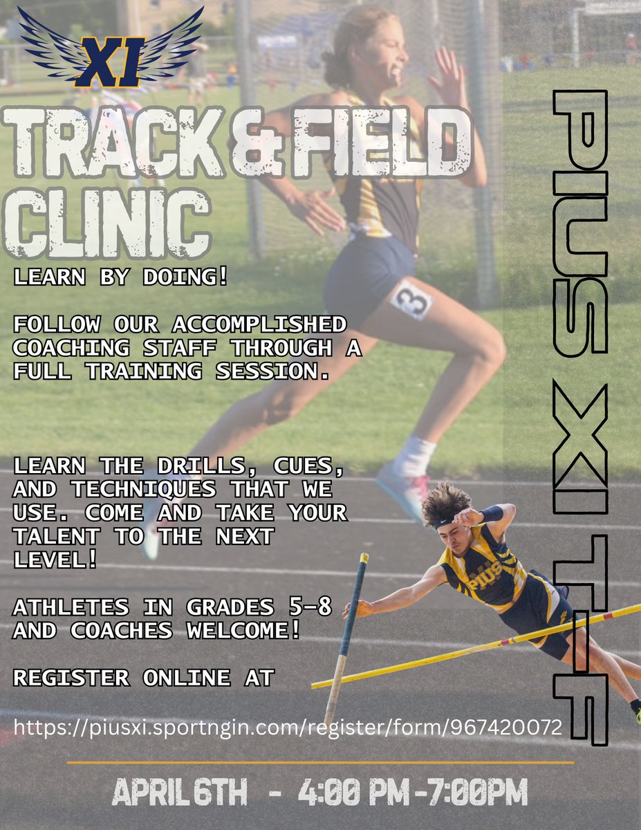 XiTrack's tweet photo. Want to train like the Popes? Come to our Track &amp; Field Clinic on Sunday April 6th from 4-7. Learn the drills and techniques that have made Pius T&amp;F one of the best programs in Wisconsin! Register here: https://t.co/LOwuWlRO02 https://t.co/IEcaHBWkli