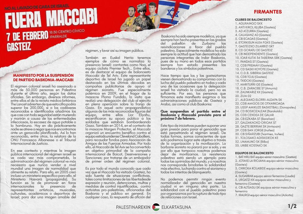 Palestinarekin's tweet photo. Hoy hemos presentado en el frontón Auzolana un manifiesto por  la suspensión del partido entre el Maccabi y el Baskonia.

Hemos recibido el apoyo de 40 clubes y equipos de baloncesto, aficiones, 91 personalidades del mundo del deporte y 65 agentes sociales y políticos alaveses. https://t.co/56H6XP6q2H