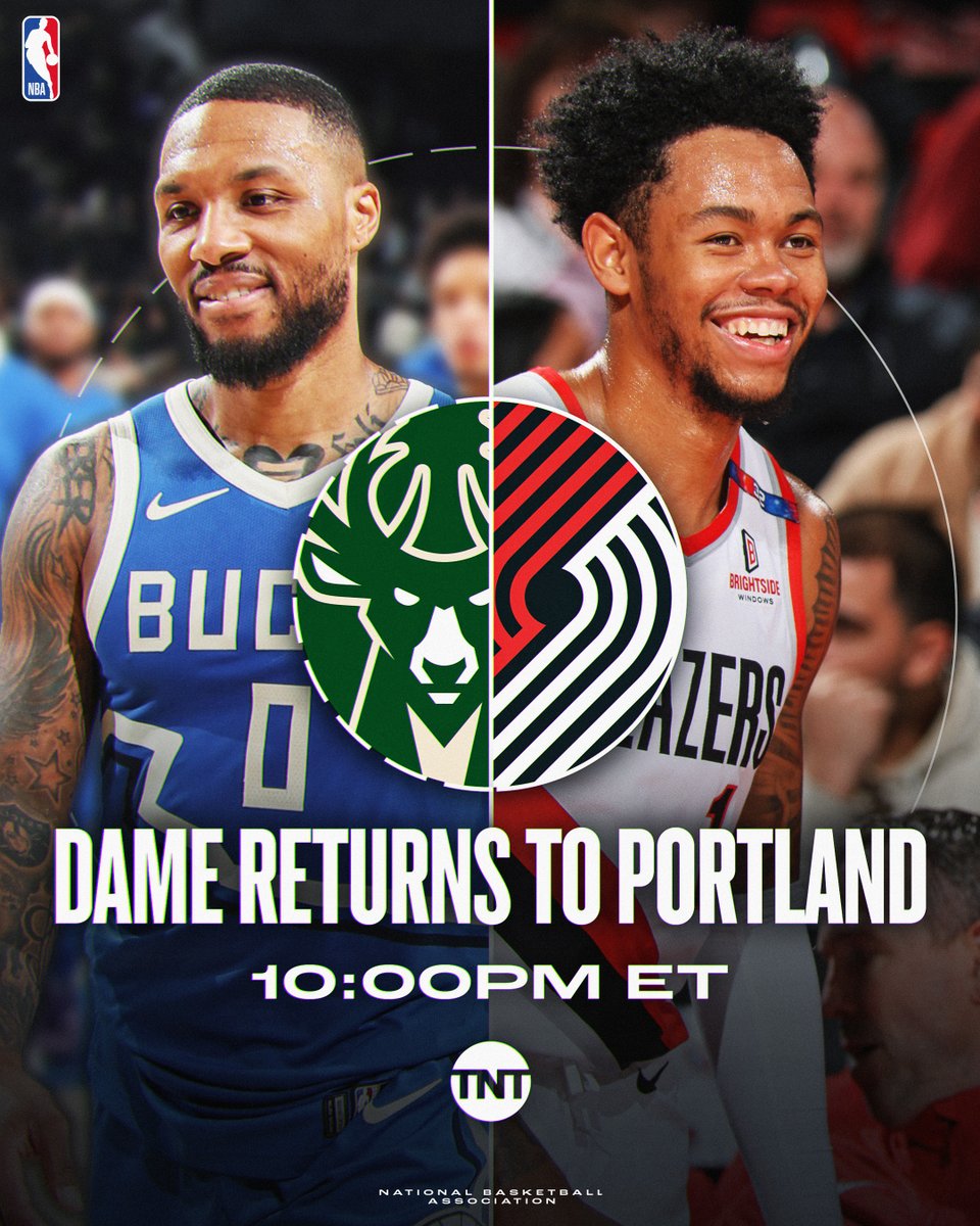 NBA's tweet photo. Damian Lillard returns to Portland as the Bucks look for their 9th win in 11 games against Anfernee Simons and the Trail Blazers!

⏰ 10pm/et, TNT https://t.co/9Z3PWLm6d3