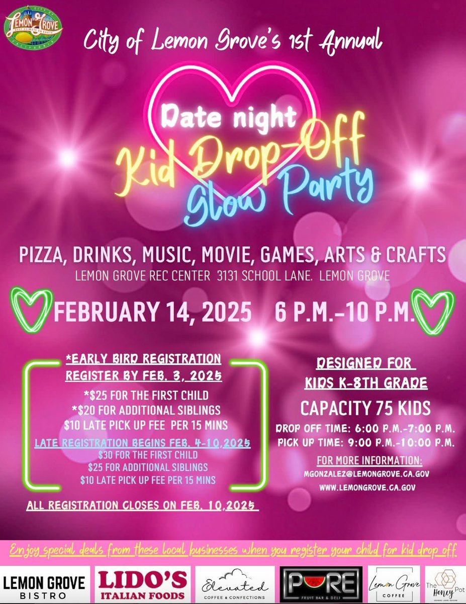 Hey parents! 

It's time to treat yourselves to a much-deserved night out while the kids part at the Lemon Grove Rec. Center. 

📧 For more info and tickets, email Monica Gonzales at mgonzales@lemongrove.ca.gov!

Let’s make it a night to remember!  

#cityoflemongrove
