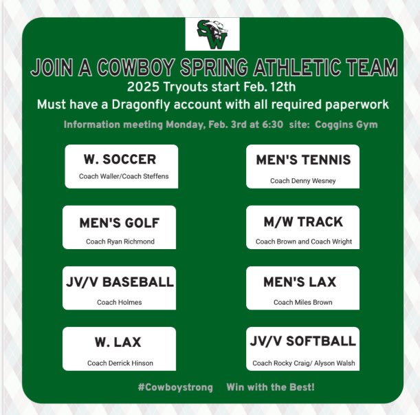 Southwest Cowboys (@swcowboys_athl) on Twitter photo Calling all <a href="/SouthWestGHS/">SouthWestGHS</a> athletes! Time to go for spring sports! #CowboysNation #cowboystrong Calling all <a href="/SouthWestGHS/">SouthWestGHS</a> athletes! Time to go for spring sports! #CowboysNation #cowboystrong
