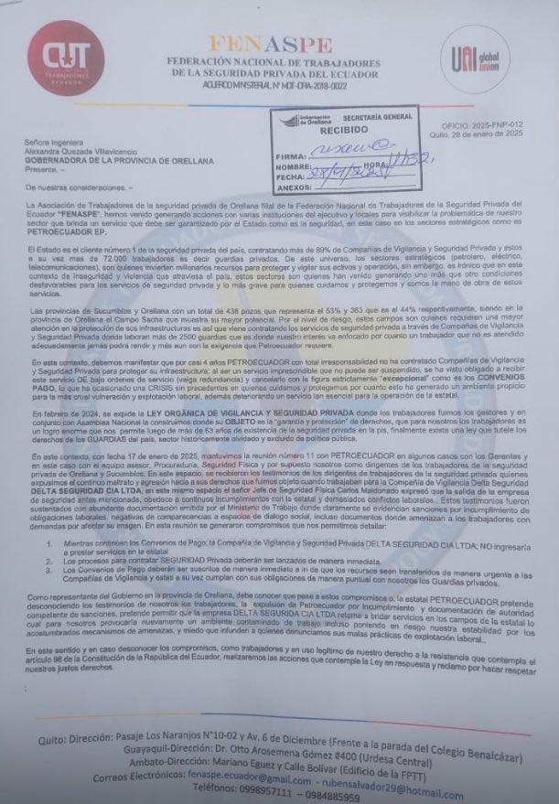 FENASPE1's tweet photo. 🔴🔴🔴
Con nuestras Aso d Trabajadores d #SegPrivada #Orellana y #Sucumbios hemos agotado el diálogo con @EPPetroecuador @inesmanzano @RecNaturalesEC , persiste en q regrese #DELTA , no firmar #Convenios 
👉Convocamos PLANTON POR NUESTRA DIGNIDAD
@goberorellana 
@Gobersucumbios https://t.co/Q2daNlbE7H