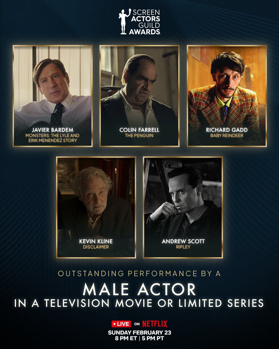 #ICYMI A round of applause for the nominees for Male Actor in a Television Movie or Limited Series.

Join us in honoring these talented artists streaming live and exclusively on Netflix. Mark your calendars: Sunday, February 23 at 8pm ET / 5pm PT. #sagawards