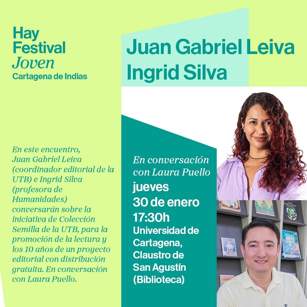 ¡Te invito a un conversatorio especial! Este jueves 30 de enero, a las 5:30 p. m., en la biblioteca de la Universidad de Cartagena, Claustro de San Agustín. Estaré junto a Ingrid Silva y Laura Puello, conversando sobre los 10 años de la Colección Semilla, Editorial UTB.