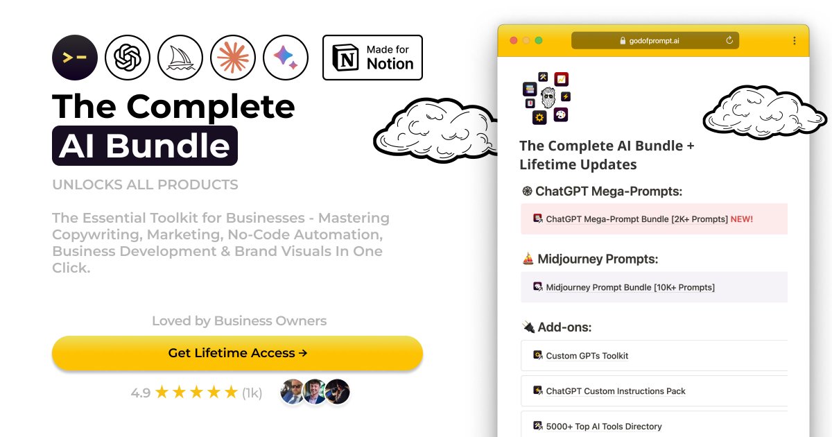 godofprompt's tweet image. 👇 The Complete AI Bundle for Your Business Success in 2025:
🔗 Learn more: godofprompt.ai/complete-ai-bu…
❓ What’s inside❓
📚 ChatGPT Mega-Prompt Bundle
⚙️ Custom GPTs Toolkit
📖 Ultimate ChatGPT Prompt Library
🎨 Ultimate Midjourney Prompt Library
⚡ ChatGPT Custom Instructions…