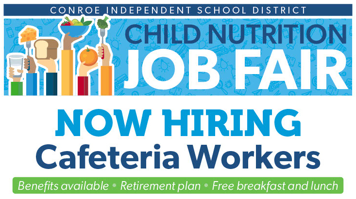 If you are interested in working in the Conroe ISD Child Nutrition Department, please join us Friday, February 14, any time from 9 a.m. - noon at the Walter P. Jett Teaching Training Center. For more information, visit, bit.ly/conroeisd.