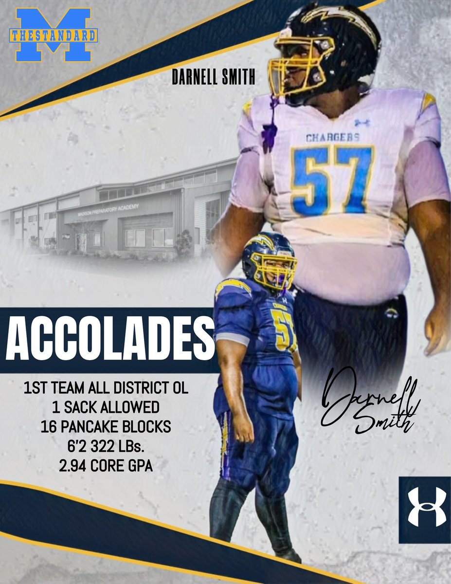 Staying in the family for our next Charger Spotlight student athlete, it is Jr. OL Darnell Smith. Darnell played the opposite Guard position for the Charger Oline solidifying the best oline in the state. His rough &amp; rugged style will help lead the  Chargers to a title in ‘25