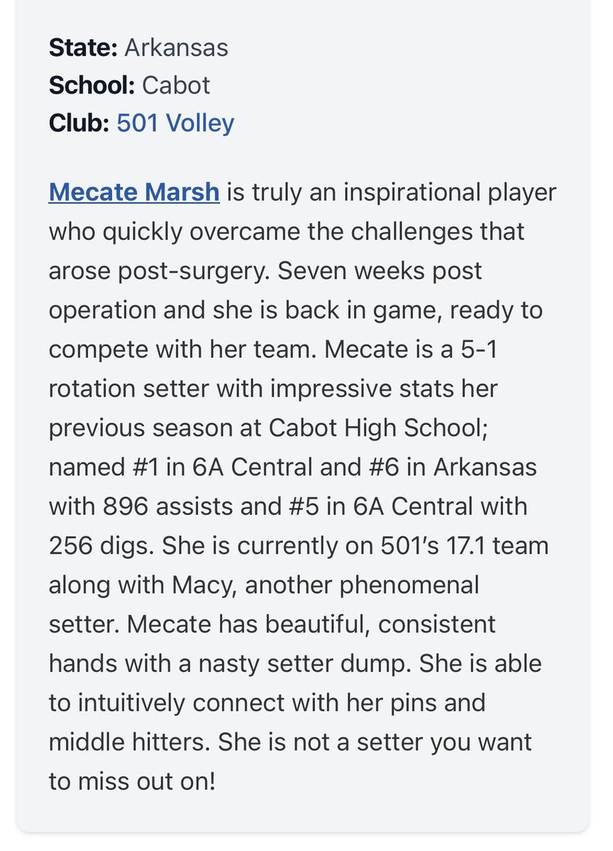 Mecate Marsh (@marshmecate26) on Twitter photo Thank you so much <a href="/PrepDig/">Prep Dig 🏐</a> <a href="/PrepDigAR/">Prep Dig Arkansas</a> <a href="/AncaPintiliuc/">Anca Pintiliuc</a> for the write up! Ready to show up this season for my teammates and have the best club season yet! Let’s go @501volley 17.1! Thank you so much <a href="/PrepDig/">Prep Dig 🏐</a> <a href="/PrepDigAR/">Prep Dig Arkansas</a> <a href="/AncaPintiliuc/">Anca Pintiliuc</a> for the write up! Ready to show up this season for my teammates and have the best club season yet! Let’s go @501volley 17.1!