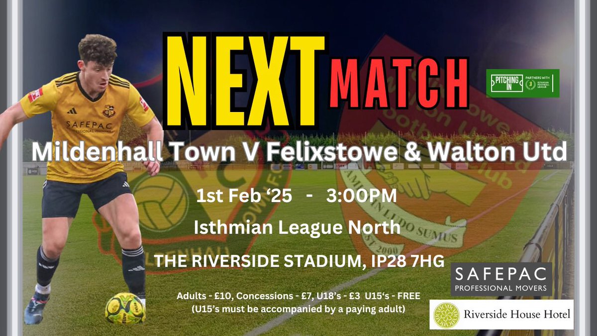 Mildenhall Town FC (@mildenhalltown) on Twitter photo Gentle reminder - our next <a href="/IsthmianLeague/">The Pitching In Isthmian League</a> North fixture is this Saturday as we welcome table toppers and fellow Suffolk side <a href="/Felixseasiders/">Felixstowe & Walton Utd FC</a>
3pm kick-off
Get along and support the boys
#upthehall Gentle reminder - our next <a href="/IsthmianLeague/">The Pitching In Isthmian League</a> North fixture is this Saturday as we welcome table toppers and fellow Suffolk side <a href="/Felixseasiders/">Felixstowe & Walton Utd FC</a>
3pm kick-off
Get along and support the boys
#upthehall