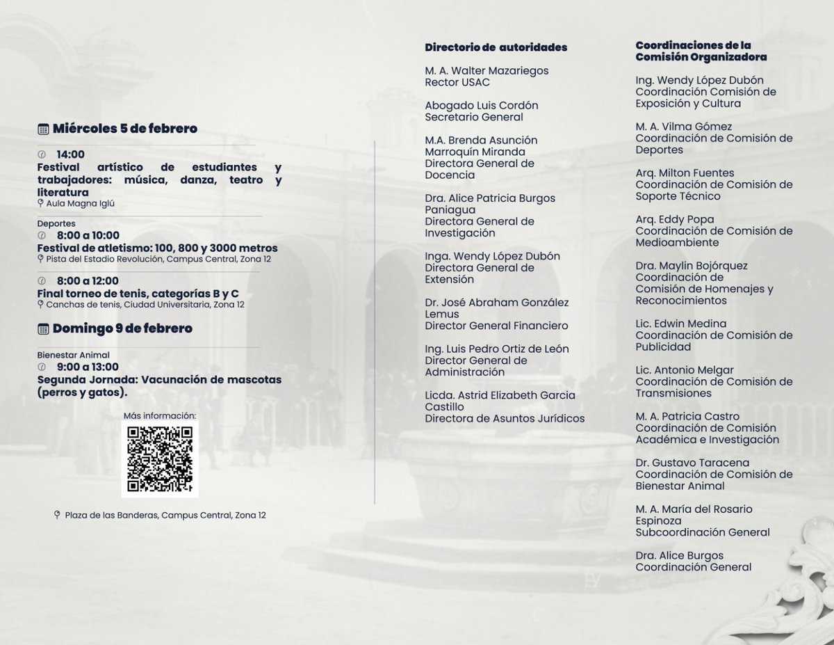 USAC_oficial's tweet photo. ✨🎉 ¡Celebramos 349 años de historia de la Universidad de San Carlos de Guatemala! 🎉✨

Te invitamos a ser parte de esta gran celebración con eventos culturales, deportivos, exposiciones y conciertos 🎭⚽🎨🎶.

Consulta el calendario de actividades que compartiremos en la imagen 📅👇 ¡No te lo pierdas!
#USAC349años #OrgulloUSAC #HistoriaYTradición
