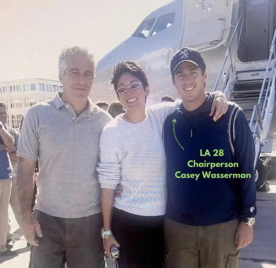 Jeffrey Epstein, Ghislaine Maxwell, and LA28 Chairperson Casey Wasserman smile for a photo in front of Epstein's notorious sex jet. 