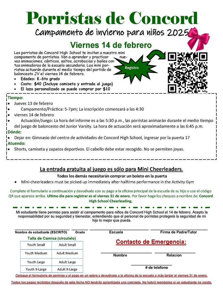 The Concord Minuteman Cheerleaders are inviting you to their mini- cheerleader camp! The mini-cheerleaders will perform during half time of the JV Basketball game February 14th! 
Click this link to register! forms.gle/3Xh12ndyuap2RH…
#WeareConcord #ConcordPride