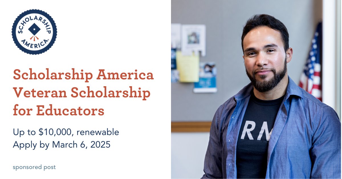 🎓 Veterans, your next mission starts in the classroom! 
Apply for the <a href="/ScholAmerica/">Scholarship America</a> Veteran Scholarship for Educators and earn up to $10,000 per year in renewable funding.📅 Applications are open now: hubs.ly/Q034mMTY0 #VetResources #VeteransEducation