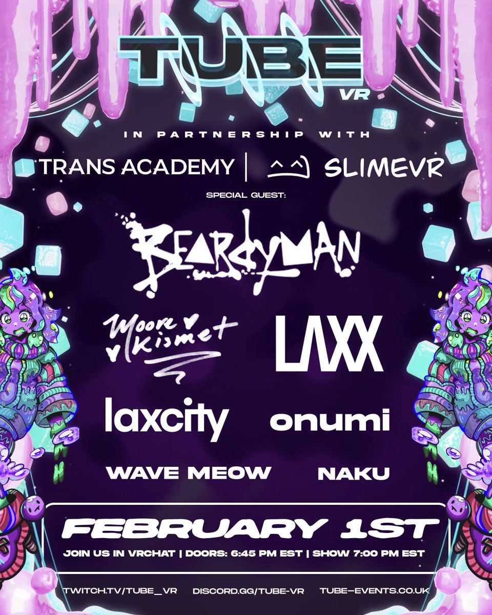 TransAcademyVR's tweet image. We're honored to be the recipients for @TUBEVRCLUB's charity event, partnered with SlimeVR!
Join in Saturday, February 1st, 6:45PM EST to dance the night away.. and also join in for some SlimeVR giveaways (more giveaways unlock when we hit our donation milestone!) ✨🏳️‍⚧️