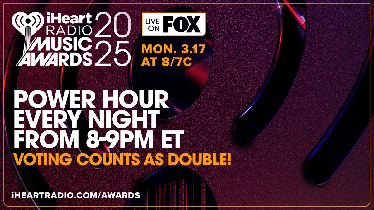 🚨POWER HOUR STARTS NOW!

Vote from 8-9pm ET daily for double #iHeartAwards votes!

🔗: iHeartRadio.com/Awards