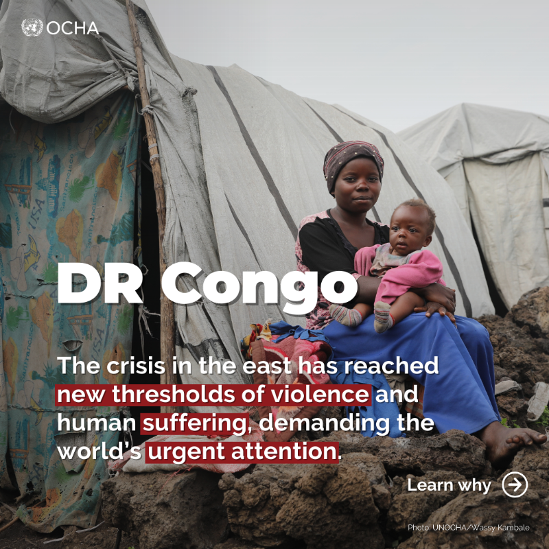 UNOCHA's tweet photo. 🔴 Eastern #DRCongo: The already dire situation is spiralling as fighting intensifies.

Impacts on civilians are devastating. The scale of suffering can't go unnoticed.

We urge the international community to ramp up efforts to address the rapidly deepening crisis.

Learn more 👉