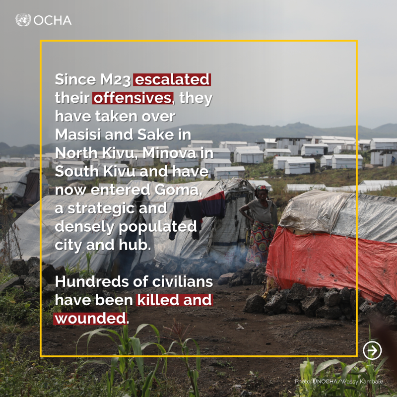 UNOCHA's tweet photo. 🔴 Eastern #DRCongo: The already dire situation is spiralling as fighting intensifies.

Impacts on civilians are devastating. The scale of suffering can't go unnoticed.

We urge the international community to ramp up efforts to address the rapidly deepening crisis.

Learn more 👉