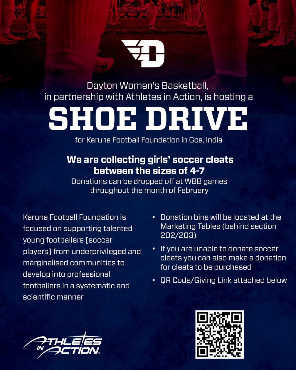 𝐃𝐚𝐲𝐭𝐨𝐧 𝐖𝐨𝐦𝐞𝐧’𝐬 𝐁𝐚𝐬𝐤𝐞𝐭𝐛𝐚𝐥𝐥 𝐱 𝐀𝐭𝐡𝐥𝐞𝐭𝐞𝐬 𝐢𝐧 𝐀𝐜𝐭𝐢𝐨𝐧 𝐒𝐡𝐨𝐞 𝐃𝐫𝐢𝐯𝐞‼️

During the month of February, we will be collecting girls’ soccer cleats (sizes 4-7) at our home games!

No cleats? Donate here: give.cru.org/1285374

15&gt;1 // #GoFlyers