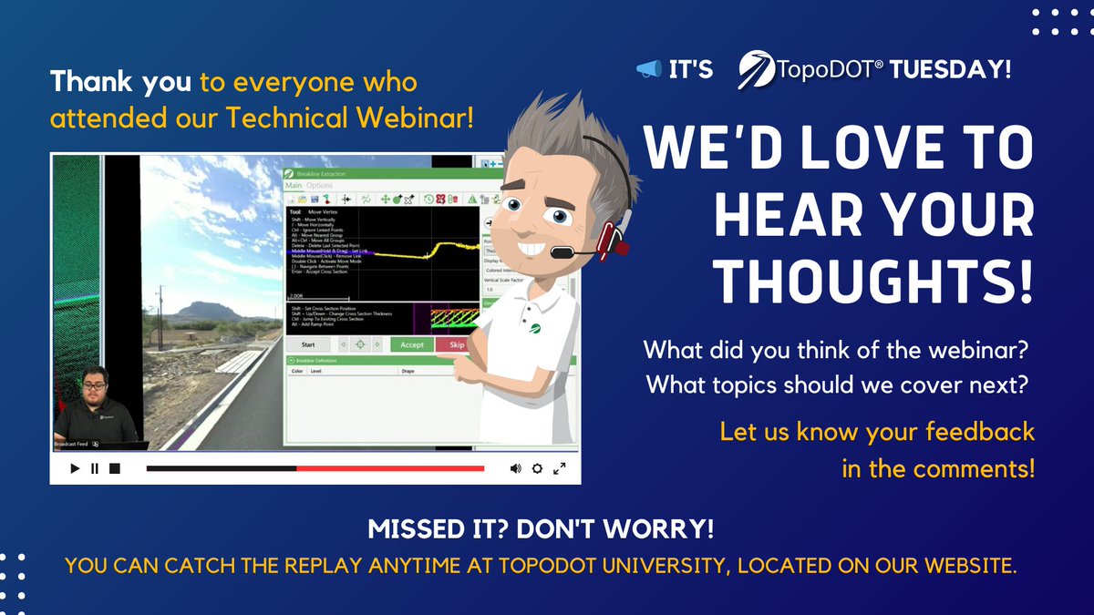 _TopoDOT's tweet image. 📣 It’s TopoDOT Tuesday! What did you think of our Breakline Extraction Tool webinar? Share your feedback!
🎥 Missed it? Catch the replay at TopoDOT University.
#BreaklineExtraction #CivilEngineering #Geospatial #TrainingAndSupport