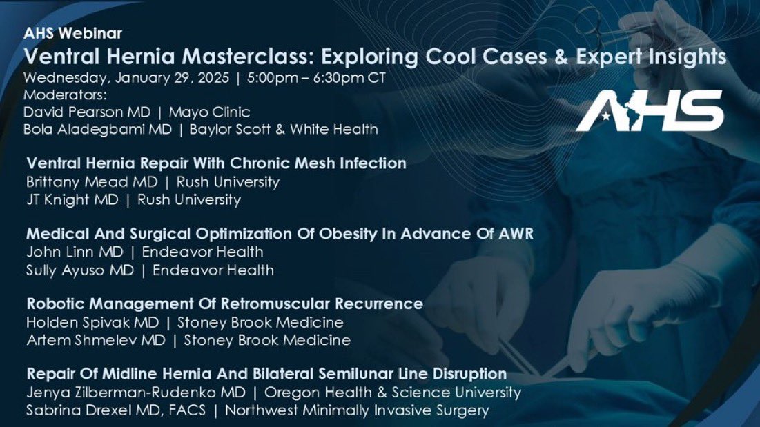 Vahagn C. Nikolian, MD (@vnikolian) on Twitter photo Looking forward to tomorrow night! Join the AHS Education Committee for a webinar on interesting ventral hernia and abdominal wall cases. Expert discussion and review. <a href="/md_bola/">Bola Aladegbami MD</a> <a href="/DrJanaSacco/">Jana Sacco</a> Register here: survey.alchemer.com/s3/8156757/AHS… Looking forward to tomorrow night! Join the AHS Education Committee for a webinar on interesting ventral hernia and abdominal wall cases. Expert discussion and review. <a href="/md_bola/">Bola Aladegbami MD</a> <a href="/DrJanaSacco/">Jana Sacco</a> Register here: survey.alchemer.com/s3/8156757/AHS…