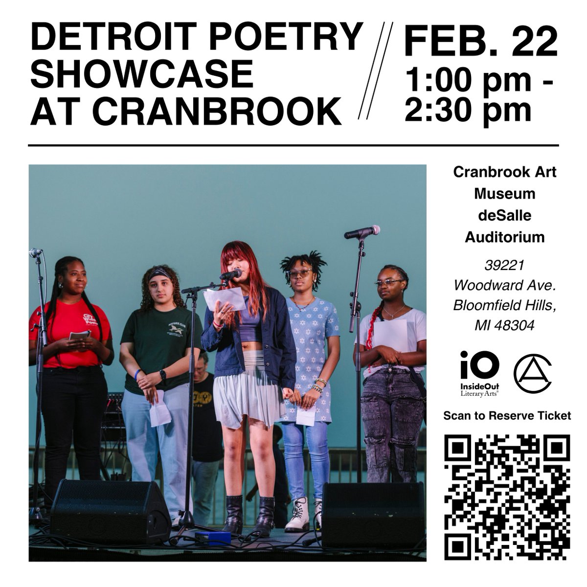 InsideOutDET's tweet image. Join InsideOut Literary Arts Saturday, February 22nd at the Cranbrook Art Museum for a special reading of Detroit inspired poems by the area's finest teen and adult poets.

Learn more and reserve your ticket here: insideoutdetroit.org/news-events/ev…