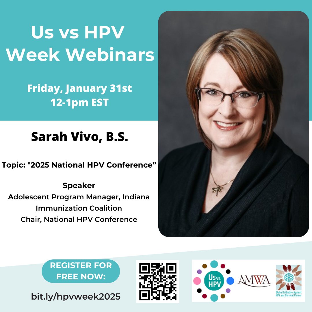 GIAHC's tweet photo. Tomorrow, Sarah Vivo, Chair of the @nhpvconference &amp; Adolescent Program Manager, @VaccinateIN discusses "2025 National HPV Conference" @AMWADoctors 
Join free #UsvsHPV discussion 12-1PM ET- Fri, Jan 31.  Register now: https://t.co/gfyFZuF9wk https://t.co/g4T8AewbJ3
