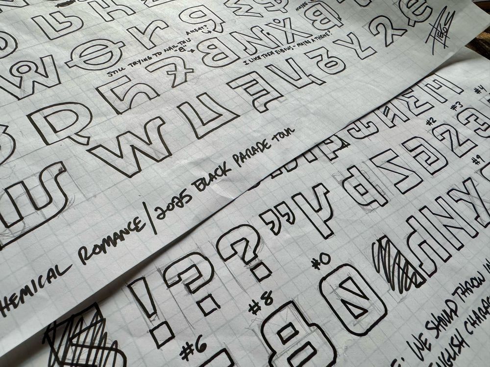 blambot's tweet photo. Good news if you’re a (patient!) My Chemical Romance fan: Gerard has given me the go-ahead to auction off my original hand-drawn concept sketches of the fictitious language we created for the 2025 Black Parade tour. Auction held when the tour kicks off this summer! @MCRofficial https://t.co/yCPziNgrZn