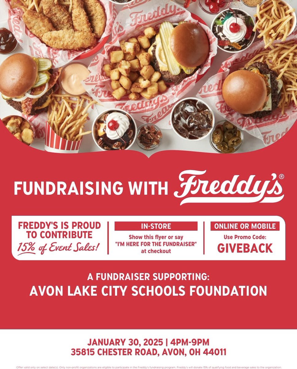 ALCSFoundation (@foundationalcs) on Twitter photo Don’t feel like cooking ? Stop by Freddys anytime this Thursday 1/30 from 4-9 pm to support ALCSF! Details below! <a href="/AvonLakeSchools/">Avon Lake Schools</a> Don’t feel like cooking ? Stop by Freddys anytime this Thursday 1/30 from 4-9 pm to support ALCSF! Details below! <a href="/AvonLakeSchools/">Avon Lake Schools</a>