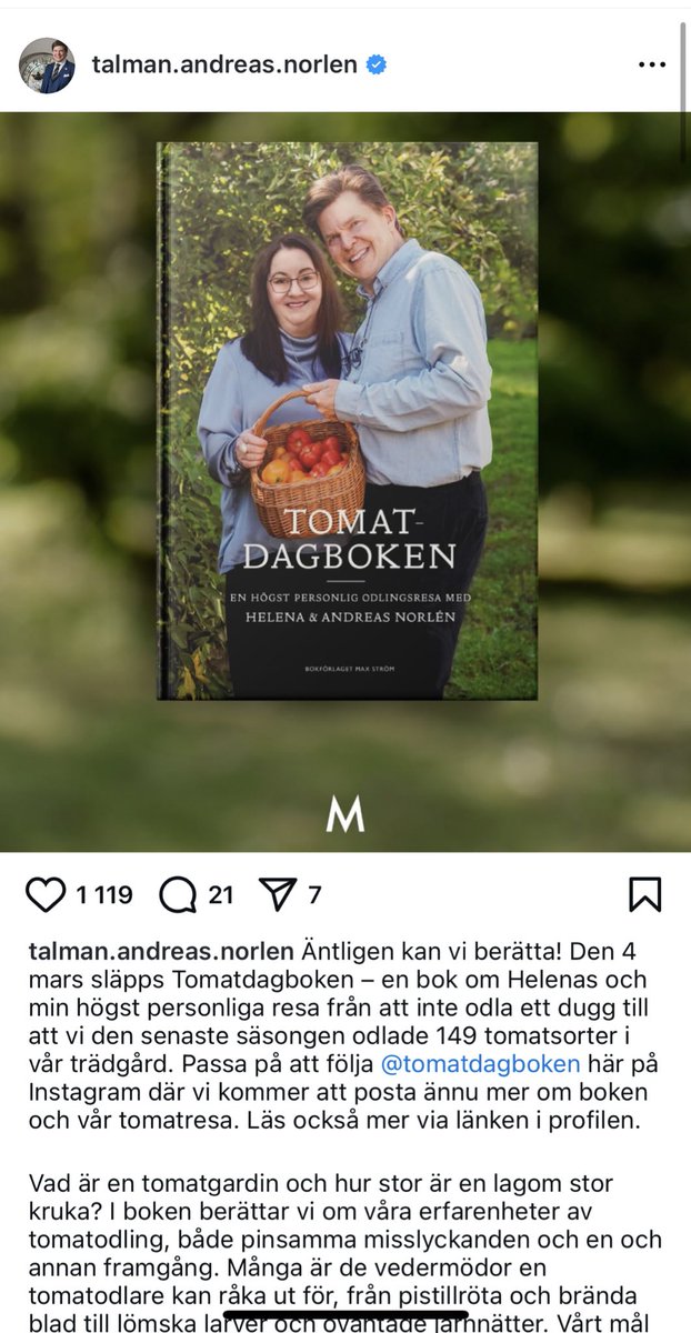 Appreciation post! Talmannen  <a href="/andreasostgote/">Talman Andreas Norlén</a> har skrivit en bok om att odla tomater. Uppskattar hans mänskliga ödmjuka ledarstil. Verkar vara en fin person! Min planta fick två tomater i somras så jag ska läsa🍅