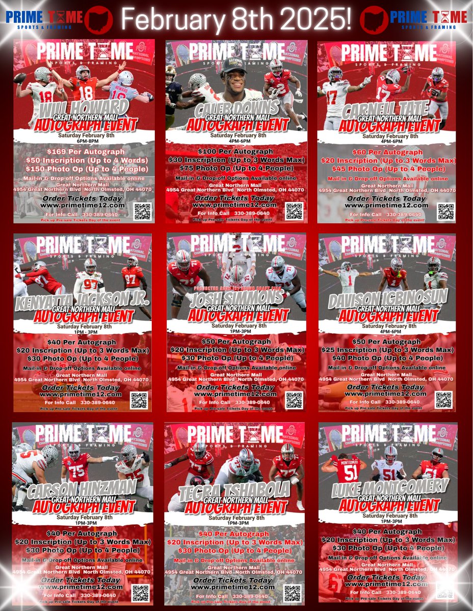 1️⃣ Will Howard QB 
2️⃣ Caleb Downs S
3️⃣ Carnell Tate WR
4️⃣ Davison Igbinosun CB
5️⃣ Kenyatta Jackson Jr DE
6️⃣ Josh Simmons OT
7️⃣ Tegra Tshabola OL RG
8️⃣ Carson Hinzman C
9️⃣ Luke Montgomery OL RG
TICKETS ARE LIMITED, GET THEM WHILE YOU CAN🔥🔥
02/08/2025 primetime12.com🔥🔥