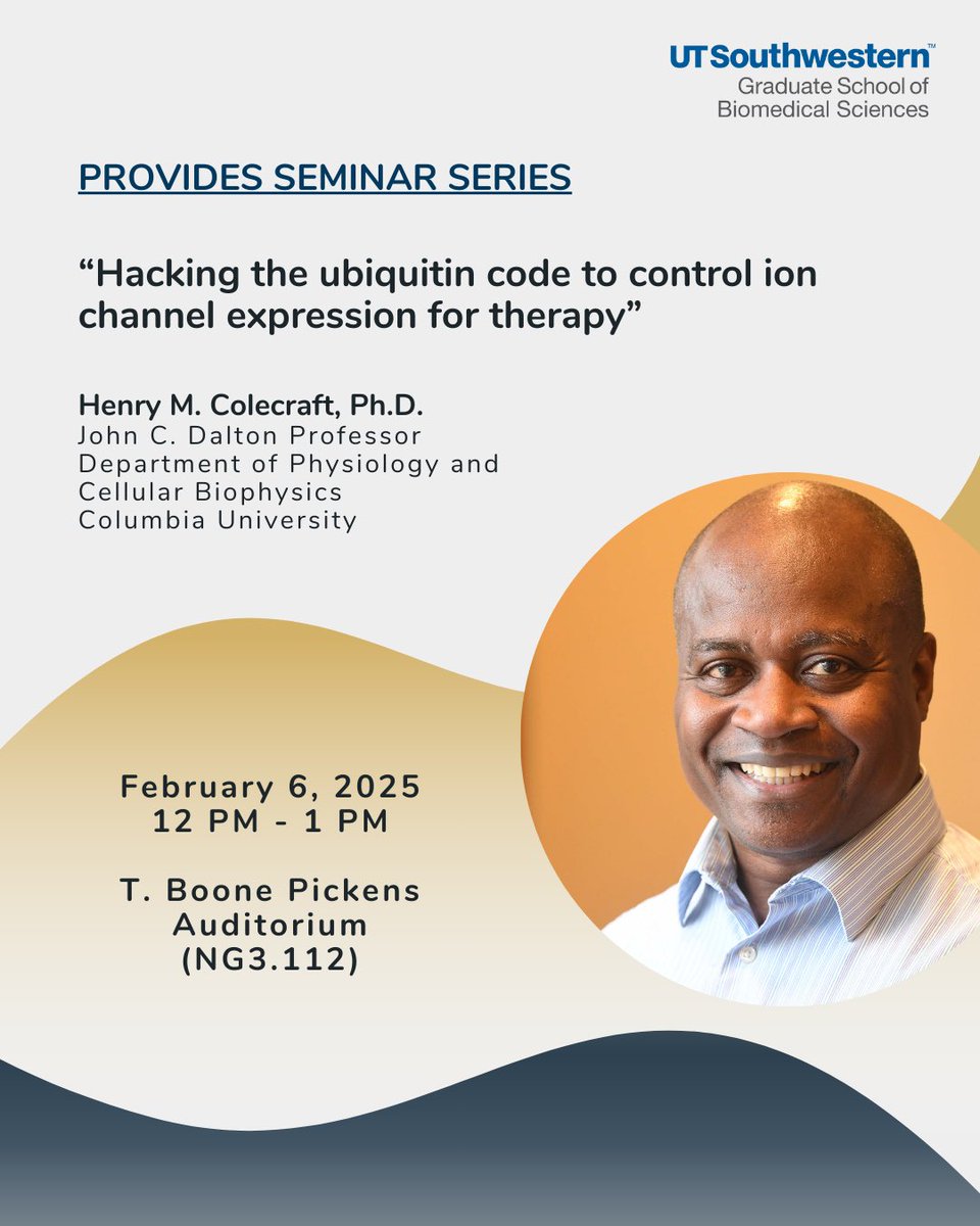 Dr. Arnaldo DĂaz (@adiaz_phd) on Twitter photo đ˘ SAVE-the-DATE - Feb 6th, 2025
PROVIDESÂ welcomes Dr. Henry M. Colecraft, Professor, Department of Physiology and Cellular Biophysics at Columbia University.
âHacking the ubiquitin code to control ion channel expression for therapyâ
<a href="/RTPatUTSW/">UTSW GSBS Research Training Programs</a> <a href="/UTSWGradSchool/">UTSW Graduate School of Biomedical Sciences</a> <a href="/UTSWMedCenter/">UT Southwestern Medical Center</a> đ˘ SAVE-the-DATE - Feb 6th, 2025
PROVIDESÂ welcomes Dr. Henry M. Colecraft, Professor, Department of Physiology and Cellular Biophysics at Columbia University.
âHacking the ubiquitin code to control ion channel expression for therapyâ
<a href="/RTPatUTSW/">UTSW GSBS Research Training Programs</a> <a href="/UTSWGradSchool/">UTSW Graduate School of Biomedical Sciences</a> <a href="/UTSWMedCenter/">UT Southwestern Medical Center</a>
