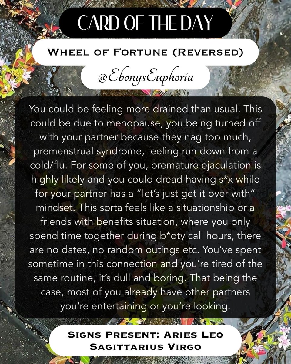ebonyseuphoria's tweet photo. Card of the day: Wheel of Fortune (Reversed)

#aries #leo #sagittarius #fireelement #firesigns #firesign #cancer #pisces #scorpio #waterelement #watersigns #watersign #gemini #libra #aquarius #airelement #airsigns #airsign #taurus #virgo #capricorn #earthelement #earthsigns https://t.co/sabFLzzbqC