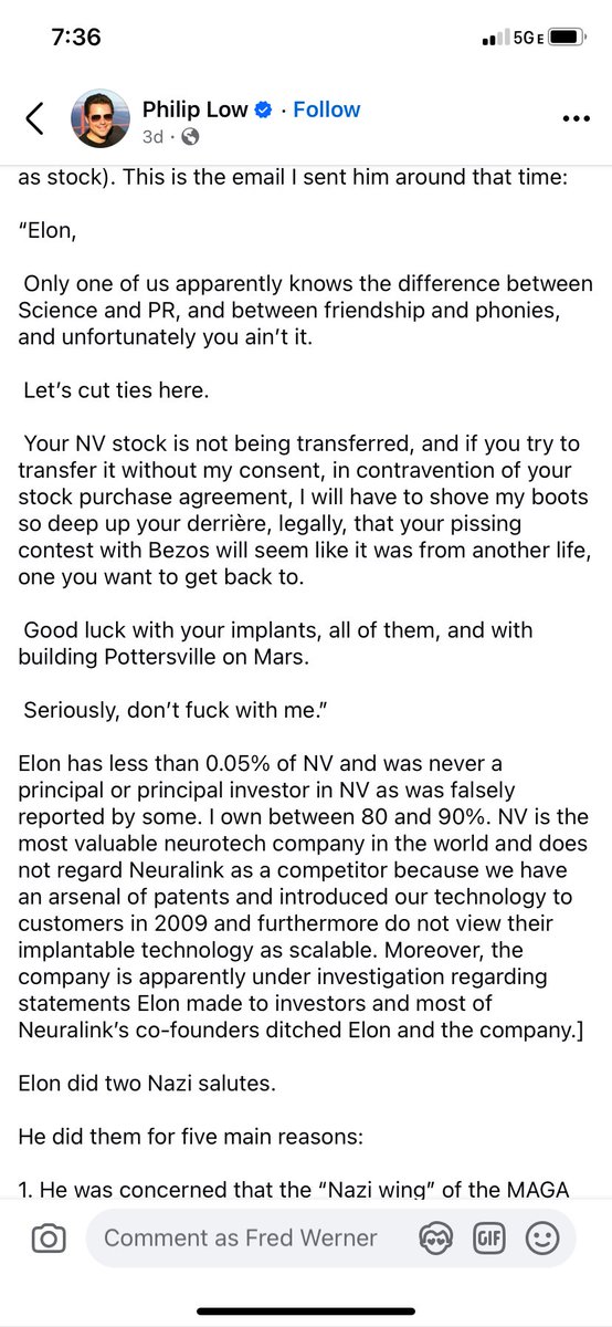 SustainableFred's tweet photo. For all the people still believing that Elon Musk is a patriotic force for good, or will make America greater, or a champion of free speech, or those weren't Nazi salutes!, or he's a genius inventor and brilliant businessman, here's the perspective of someone who knows him well. https://t.co/CZa7S5Bv8s