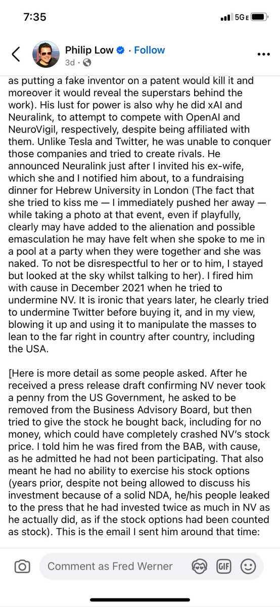 SustainableFred's tweet photo. For all the people still believing that Elon Musk is a patriotic force for good, or will make America greater, or a champion of free speech, or those weren't Nazi salutes!, or he's a genius inventor and brilliant businessman, here's the perspective of someone who knows him well. https://t.co/CZa7S5Bv8s