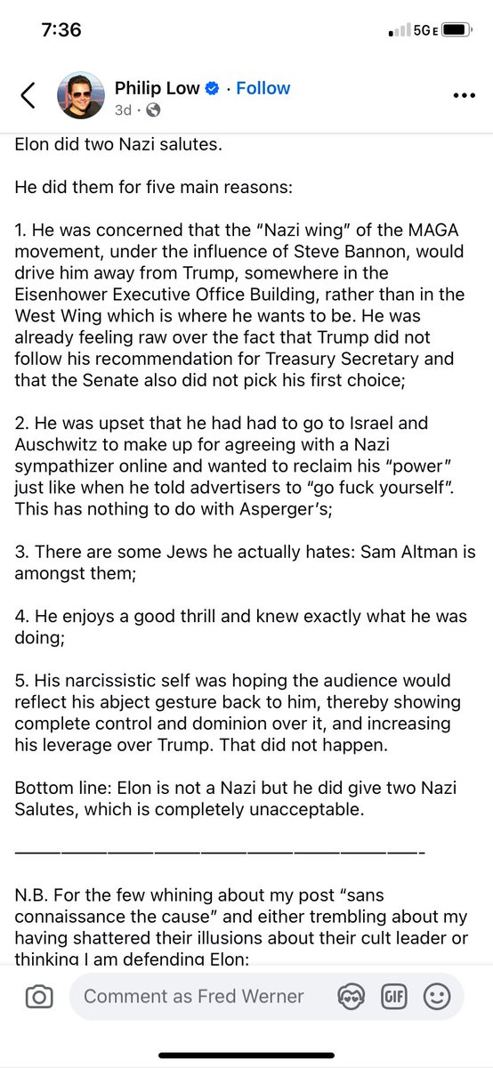 SustainableFred's tweet photo. For all the people still believing that Elon Musk is a patriotic force for good, or will make America greater, or a champion of free speech, or those weren't Nazi salutes!, or he's a genius inventor and brilliant businessman, here's the perspective of someone who knows him well. https://t.co/CZa7S5Bv8s