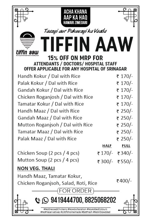 tiffinaaw's tweet photo. If u are in any hospital of srinagar and want to order Homemade Food, Tiffin Aaw is giving 15% off on meals delivered to all hospitals of Srinagar offer valid for doctors, attendents, Hospital Staff
Call wtsapp Tiffin Aaw 9419444700 #eatfresh #tiffinaawmade #NoMsg #Nocolours https://t.co/ZnJWNi8rvV