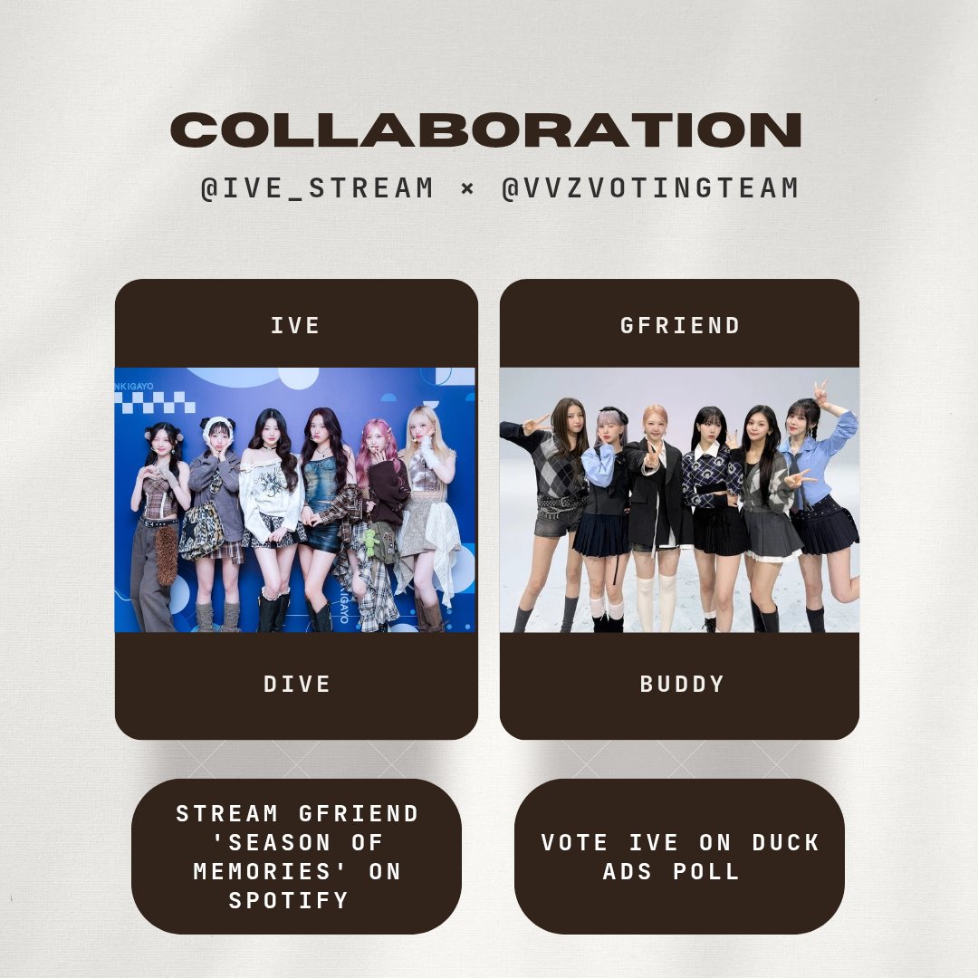 VVZVotingTeam's tweet photo. 📢COLLAB NOTICE📢

BUDDY, we're happy to announce our new collab with @ive_stream

 To-do :

🗳️ Vote IVE in this DUCK ADS poll and reply the proof using #IVExGFRIEND hashtag.

 ➡️In exchange, DIVE will stream GFRIEND 'Season of Memories' on Spotify.
🔗: https://t.co/IJQi5f7afR https://t.co/oefQjaSC0C