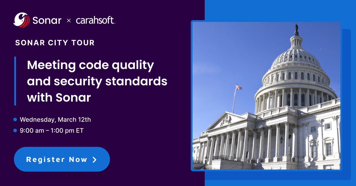 SonarSource's tweet photo. Writing high-quality, secure code is crucial for public sector organizations, and Sonar is here to help!
Join us and @Carahsoft for our in-person event on March 12th. Register here: https://t.co/zmpvEMoR1u
#codequality #codesecurity #publicsectortech #fedtech https://t.co/0hbVJ2xjpL