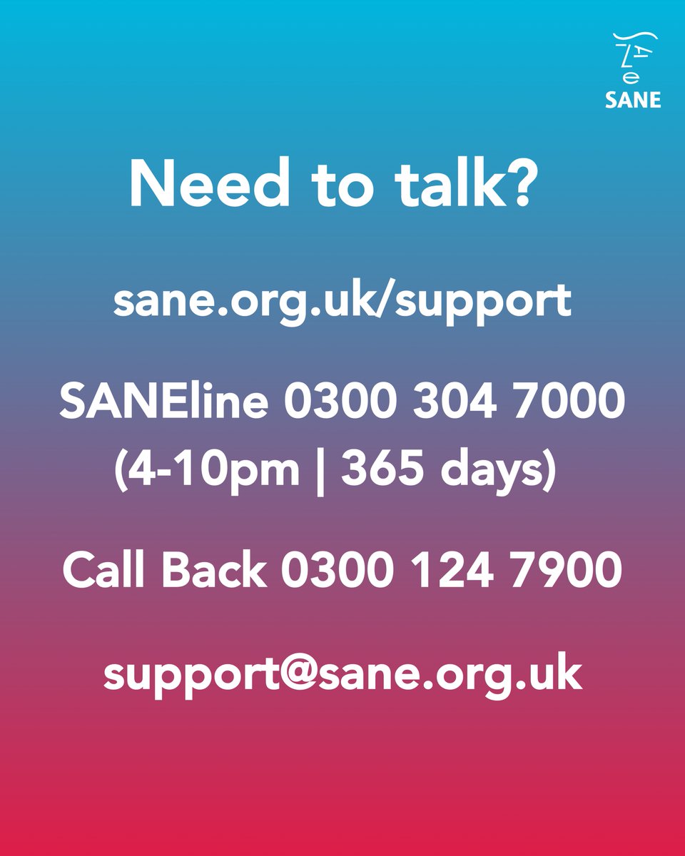 SANE | Changing mental health for good (@charitysane) on Twitter photo Share this with someone who might need it. No one should feel like they have to go through this alone ❤️
Need to Talk?
📞 SANEline - 0300 304 7000 - 4-10pm
📲 Call Back - 0300 124 7900
✉️ Email - support@sane.org.uk
💻 sane.org.uk/support
#mentalhealth #mentalhealthsupport Share this with someone who might need it. No one should feel like they have to go through this alone ❤️
Need to Talk?
📞 SANEline - 0300 304 7000 - 4-10pm
📲 Call Back - 0300 124 7900
✉️ Email - support@sane.org.uk
💻 sane.org.uk/support
#mentalhealth #mentalhealthsupport