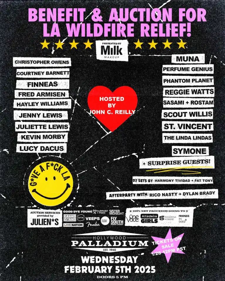 Hayley Williams, St. Vincent, Lucy Dacus, MUNA, Courtney Barnett, and more will play the G*ve a F*ck LA wildfire relief benefit concert on February 5th at the Hollywood Palladium, hosted by John C. Reilly → cons.lv/YmDaRv