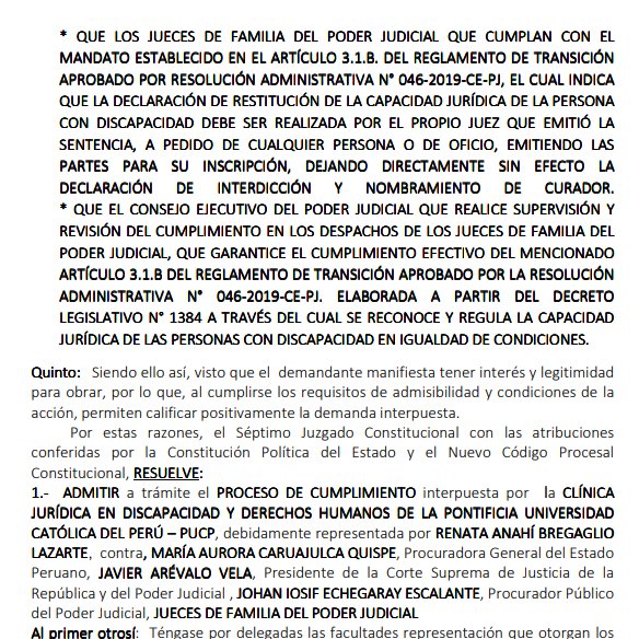 La Clínica Jurídia de Discapacidad y Derechos humanos presentó una demanda de cumplimiento contra el <a href="/Poder_Judicial_/">Poder Judicial Perú</a>  para cumplir Resolución 046-2019-CE-PJ y restituir capacidad jurídica de personas con discapacidad. Abro hilo