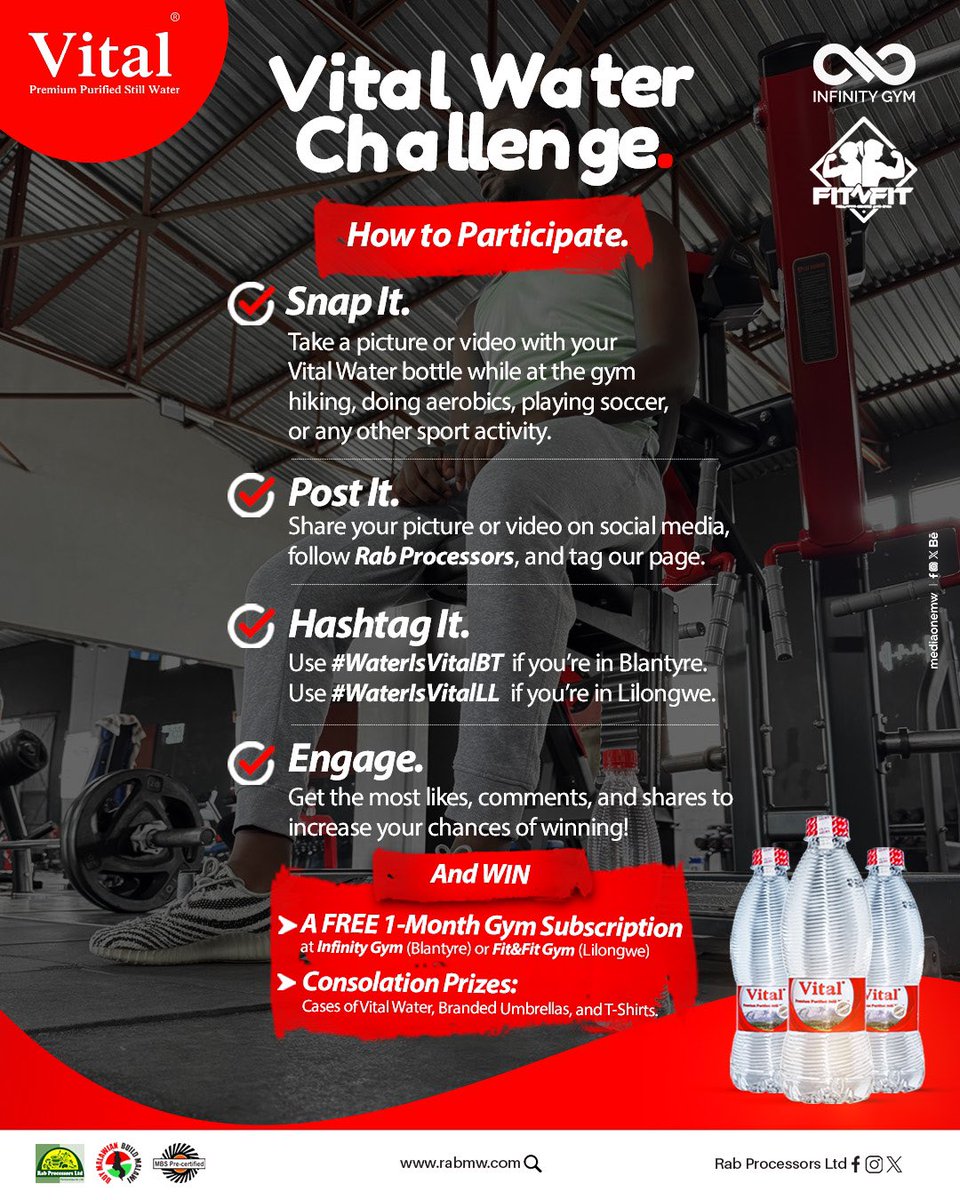 The Vital Water Challenge is ON! Are you ready to crush your fitness goals and win big? Participate now and stand a chance to win a FREE 1-month gym subscription! 
#VitalWaterChallenge #StayHydrated #FitnessGoals #rabgroup #rabprocessorsltd #rabprocessors #mediaonemw #malawi