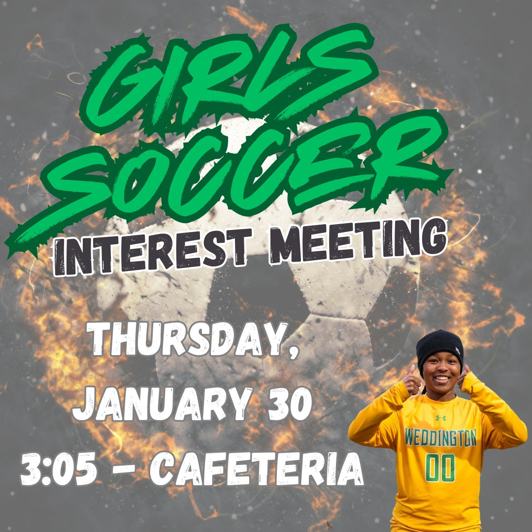Weddington High School (@weddingtonhsnc) on Twitter photo Calling all female Warriors! Any girl wanting to tryout for JV and Varsity soccer this Spring will have a meeting in the cafeteria on Thursday immediately after school. If you can't make the meeting for something important, please email Coach Williams.
<a href="/AGHoulihan/">Andrew G. Houlihan</a> <a href="/UCPSNC/">Union County Public Schools</a> Calling all female Warriors! Any girl wanting to tryout for JV and Varsity soccer this Spring will have a meeting in the cafeteria on Thursday immediately after school. If you can't make the meeting for something important, please email Coach Williams.
<a href="/AGHoulihan/">Andrew G. Houlihan</a> <a href="/UCPSNC/">Union County Public Schools</a>