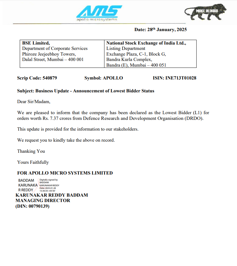 valueinveting's tweet photo. Apollo Micro Systems Ltd 
(NSE: APOLLO) 

Cmp- 119 

🔶Apollo micro systems ltd has been declared as the lowest bidder for 7.37 cr order from DRDO 

#AMS 
#Apollo 
#DRDO 
#Bidder https://t.co/63s5i7tHRe