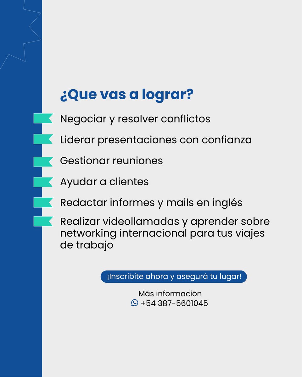 isicana's tweet photo. Capacitación en Inglés Laboral 💼
¡Llevá tu carrera profesional al próximo nivel con herramientas clave para destacar y lograr tus objetivos. ¡Es tu momento de abrirte al mundo!

¡Consultá por descuentos corporativos! 
Más información: WhatsApp +54 387-5601045 https://t.co/kpHT87YyAr