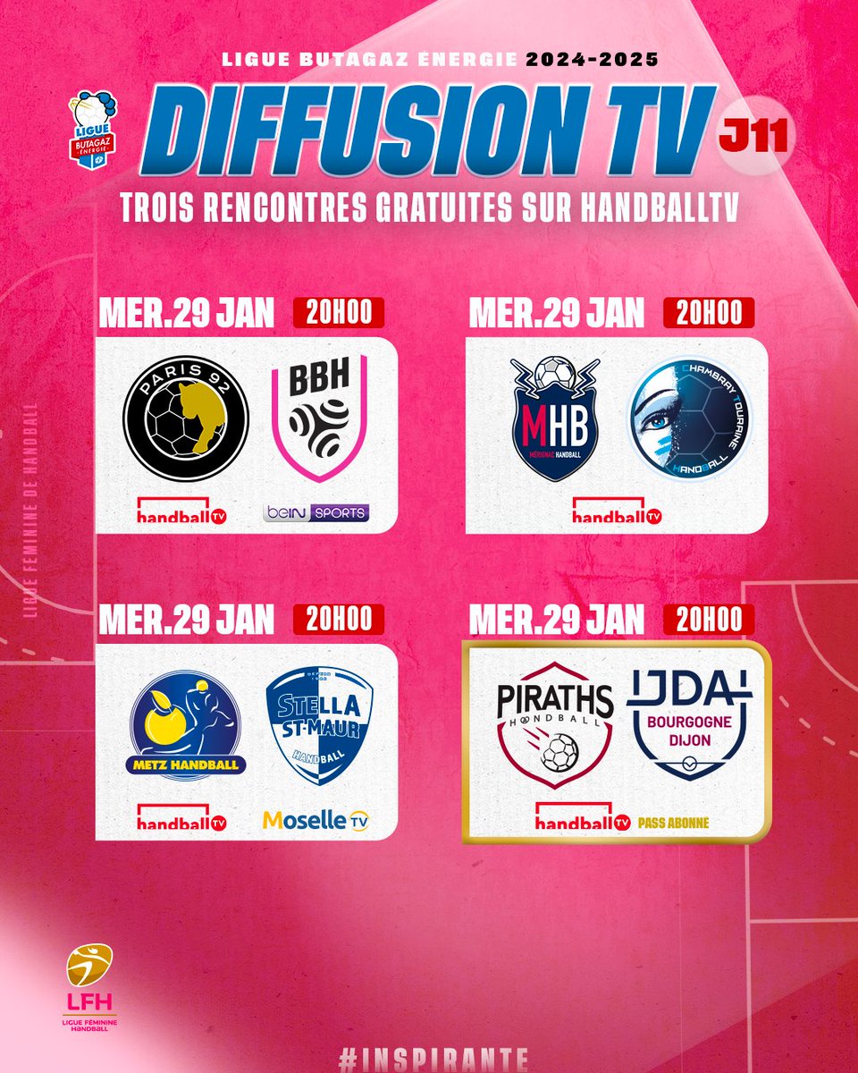 👋 Quatre rencontres à suivre en direct sur HandballTV ce mercredi en #LigueButagazEnergie ! 

📺 bit.ly/HandballTV-D1F
👉 3️⃣ matchs accessibles gratuitement avec le Pass Découverte

#inspirante