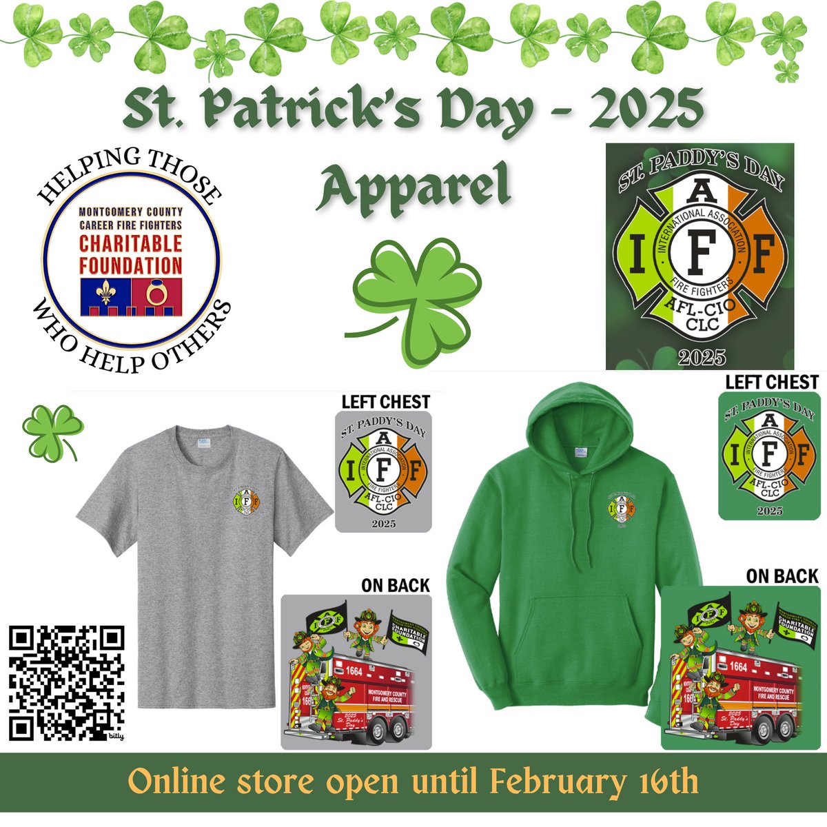 Mo Co Fire Fighters Charitable Foundation (@mocofirefndn) on Twitter photo St. Patrick's Day apparel is available to order! Green & grey t-shirts, hoodies & crew sweatshirts. Get the luck of the Irish! Store closes February 16 with delivery before St. Patrick's Day. Order now: bit.ly/StPaddys2025
<a href="/IAFFLocal1664/">IAFF Local 1664</a> <a href="/mcfrsPIO/">Pete Piringer</a> <a href="/MCFRSNews/">MCFRSNews</a> <a href="/mcfrs/">MontgomeryCo(MD)Fire</a> St. Patrick's Day apparel is available to order! Green & grey t-shirts, hoodies & crew sweatshirts. Get the luck of the Irish! Store closes February 16 with delivery before St. Patrick's Day. Order now: bit.ly/StPaddys2025
<a href="/IAFFLocal1664/">IAFF Local 1664</a> <a href="/mcfrsPIO/">Pete Piringer</a> <a href="/MCFRSNews/">MCFRSNews</a> <a href="/mcfrs/">MontgomeryCo(MD)Fire</a>
