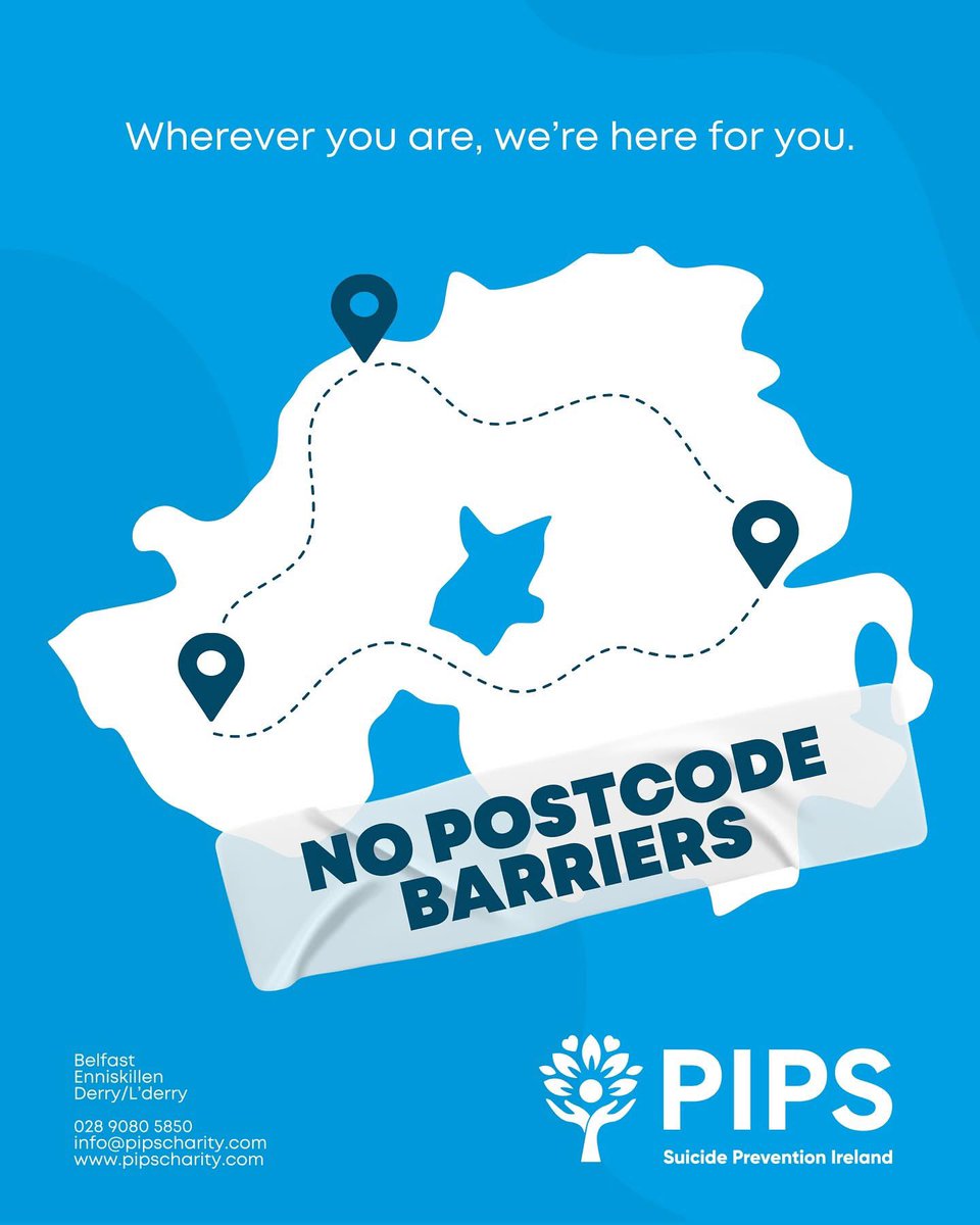 Wherever You Are, We’re Here.

No postcode barriers—if you’re in NI and need support, <a href="/PipsCharity/">PIPS Suicide Prevention Charity</a> is here for you. You are not alone.

☎ 028 9080 5850
💬 pipscharity.com
📍 Belfast | Derry/L’derry | Enniskillen

#YouAreNotAlone #MentalHealthMatters