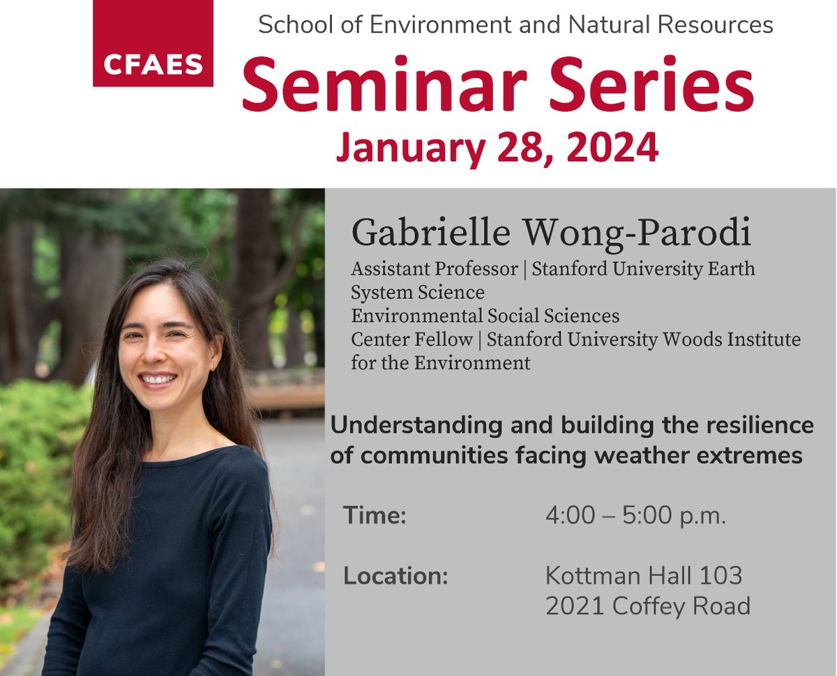 OSUEnvironment's tweet image. #SENRSeminarSeries today 1/28 welcomes Dr. Gabrielle Wong-Pardoi, an associate professor of Earth System Sciences and center fellow at the Woods Institute for the Environment @stanforddoerr, in 103 Kottman Hall at 4:00PM.
Visit go.osu.edu/sp25senrseminar for more details.