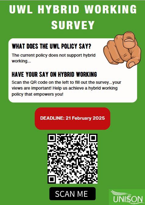 As part of our campaign to improve provision of hybrid working at UWL we are conducting a survey for ALL Professional Services staff to get your feedback on the University’s working from home policy.  Go to the QR code below to fill in our survey!